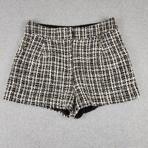 AQUA Tweed Shorts Womens Large‎ Black White Gold Metallic High Rise Dressy Plaid
